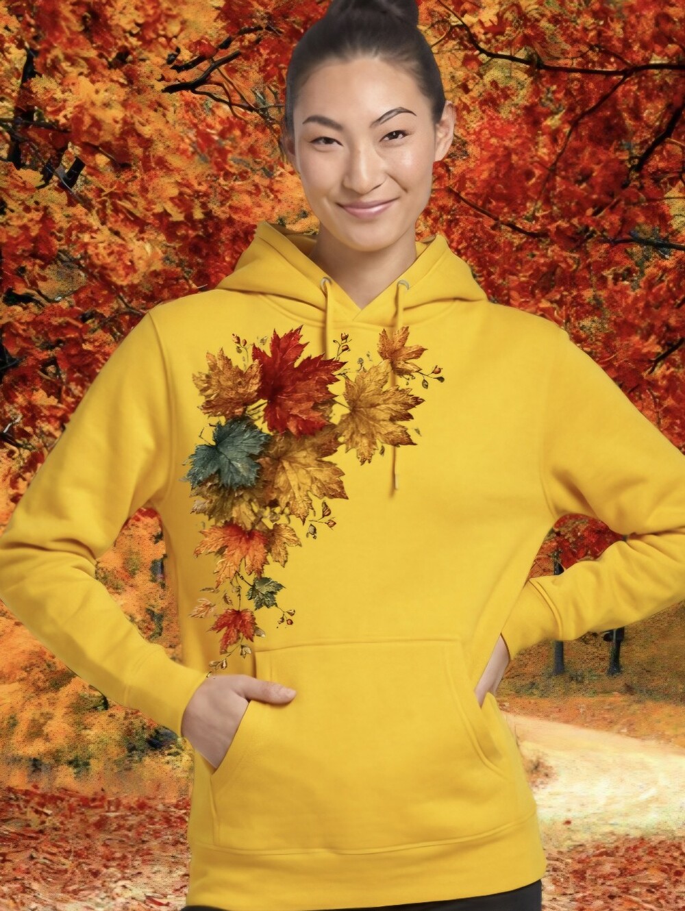 Women’s Yellow Leaf-Print Hooded Sweater